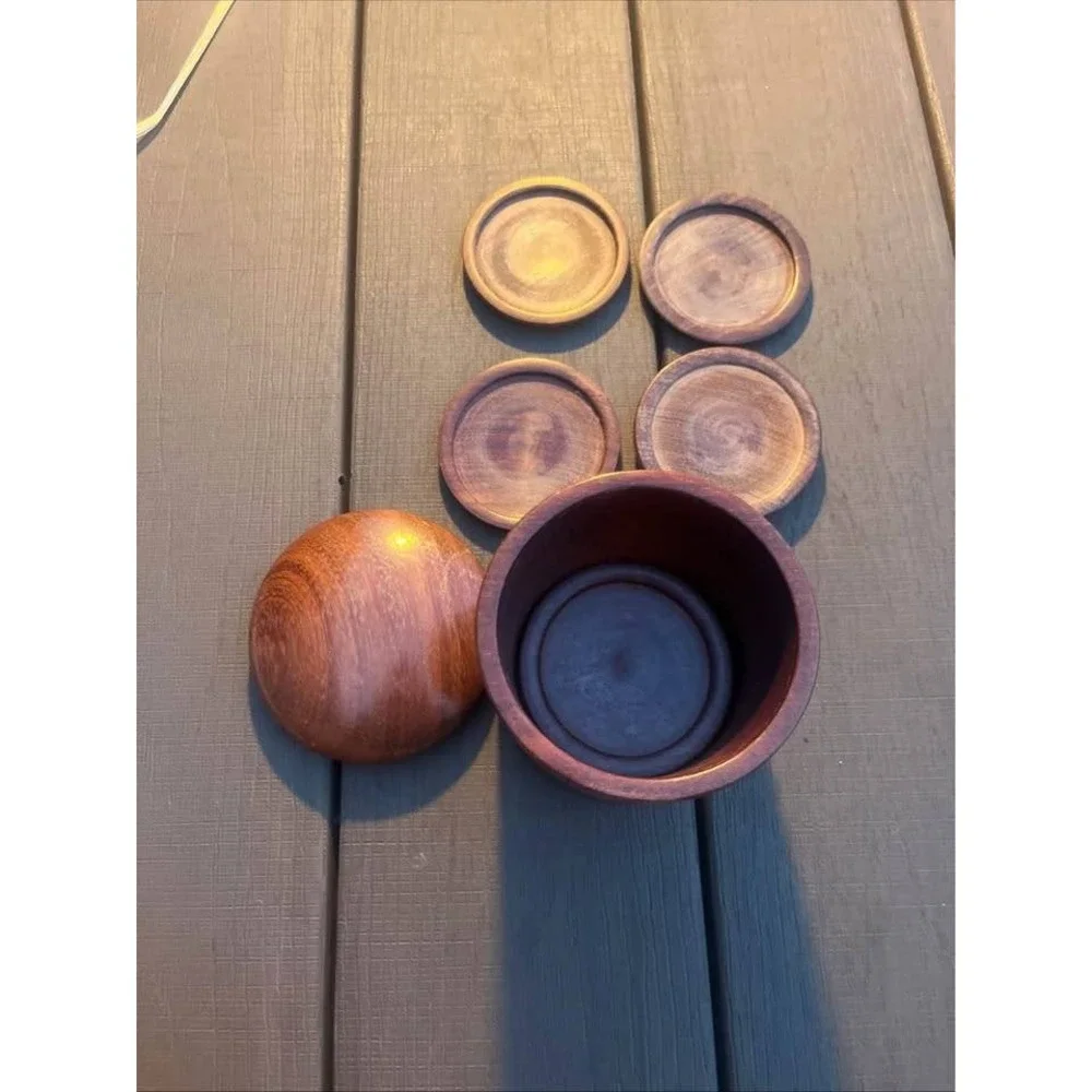 Vintage Hand Turned Wood Coaster Set with Lidded Storage Canister 6 Piece Set